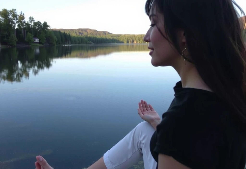 A person practicing mindfulness or meditation in a serene natural environment, symbolizing overall well-being and stress reduction, no text.